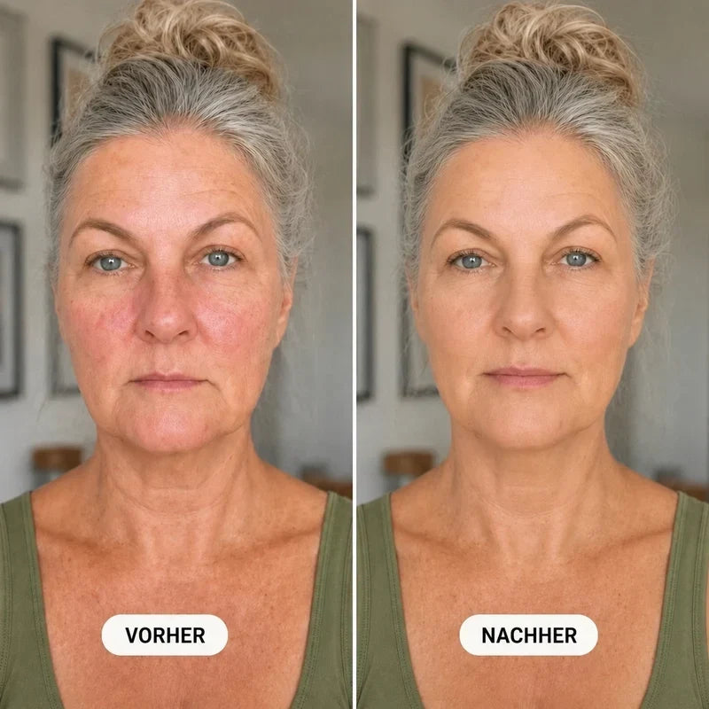Color-Adjusting 2-in-1 Foundation before-and-after of a woman with gray hair in a bun and evened cheek redness.
