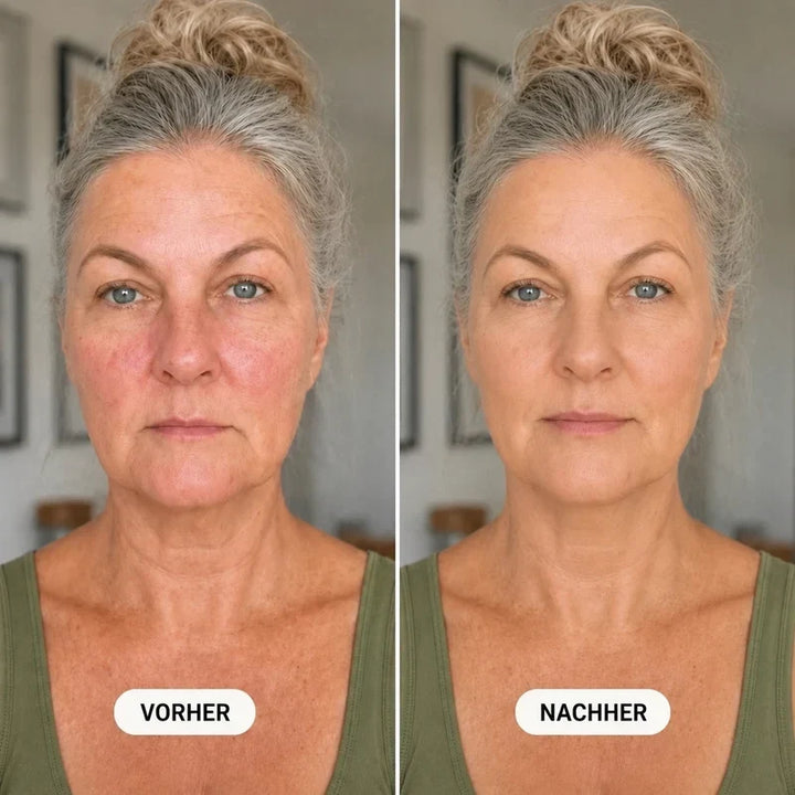 Color-Adjusting 2-in-1 Foundation before-and-after of a woman with gray hair in a bun and evened cheek redness.