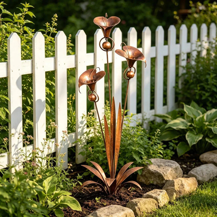 Copper flower stake in front of a white picket fence, with leafy plants and a border of rough stones around its base. 4