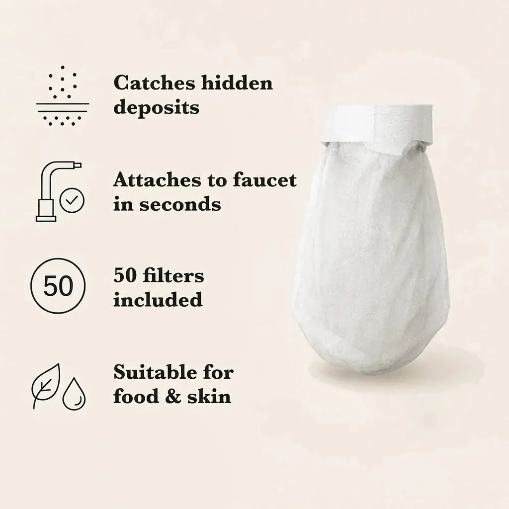 Infographic with a white mesh filter cover beside four icons listing its benefits on a cream background 5