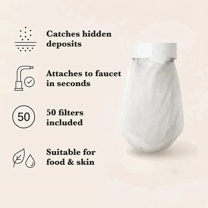 Infographic with a white mesh filter cover beside four icons listing its benefits on a cream background 5