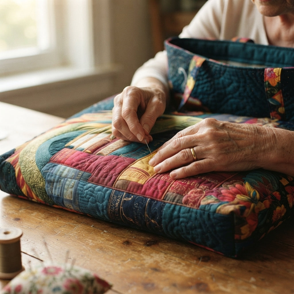 Hands stitching the padded quilted fabric of the tote on a wooden table, with thread and pincushion nearby 3