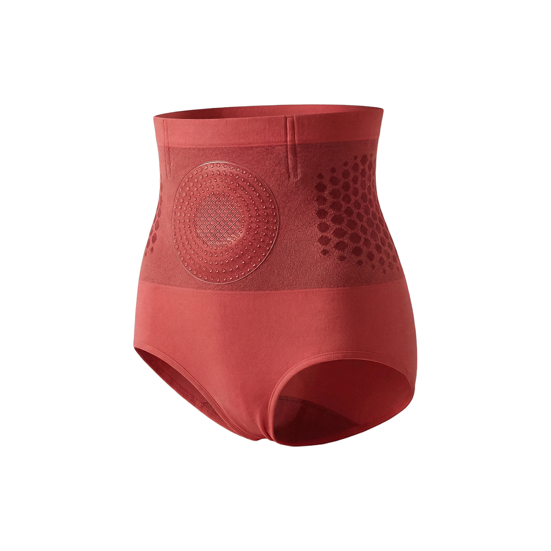 Red high-waist shaping briefs showing the dotted circular abdominal patch and waist band texture.