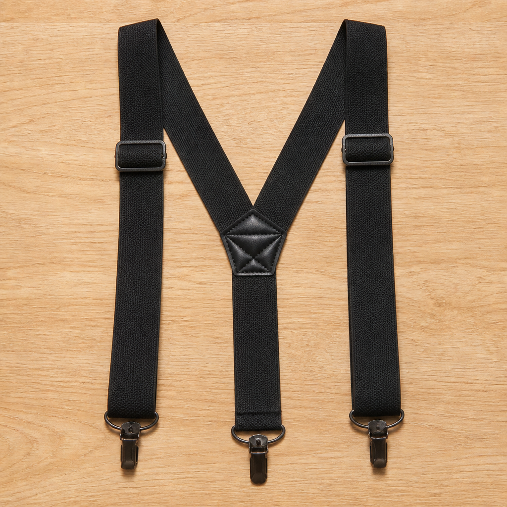 Black Y-back suspenders laid flat with three metal clip ends and a stitched center patch.