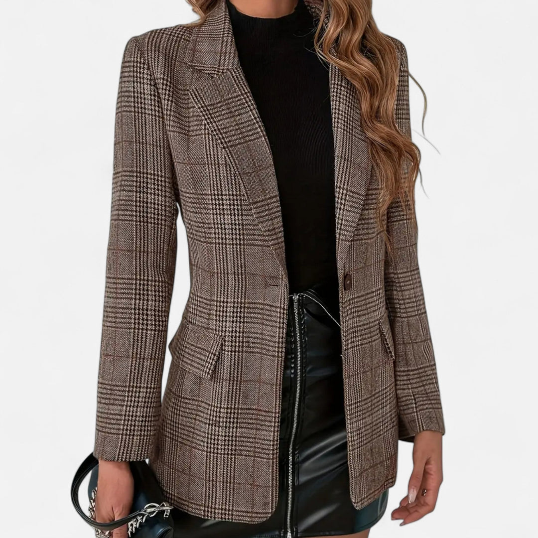 Brown checked blazer with notched lapels and flap pockets, front view.