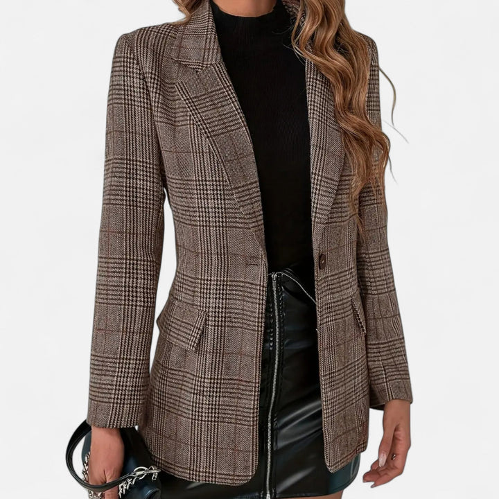 Brown checked blazer with notched lapels and flap pockets, front view.