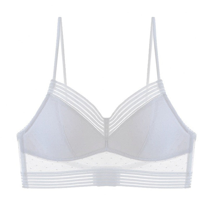 Second flat front view of the white bra, with thin straps, striped neckline and sheer dotted mesh 12