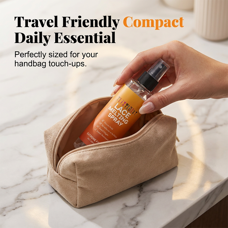 Orange spray bottle being placed into a beige suede zip pouch on a marble counter.