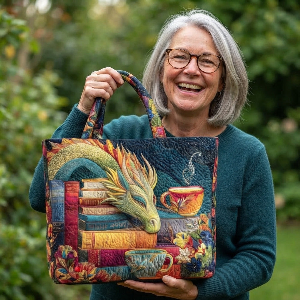 Smiling gray-haired woman in a teal sweater holds up the tote by one handle in a garden 2