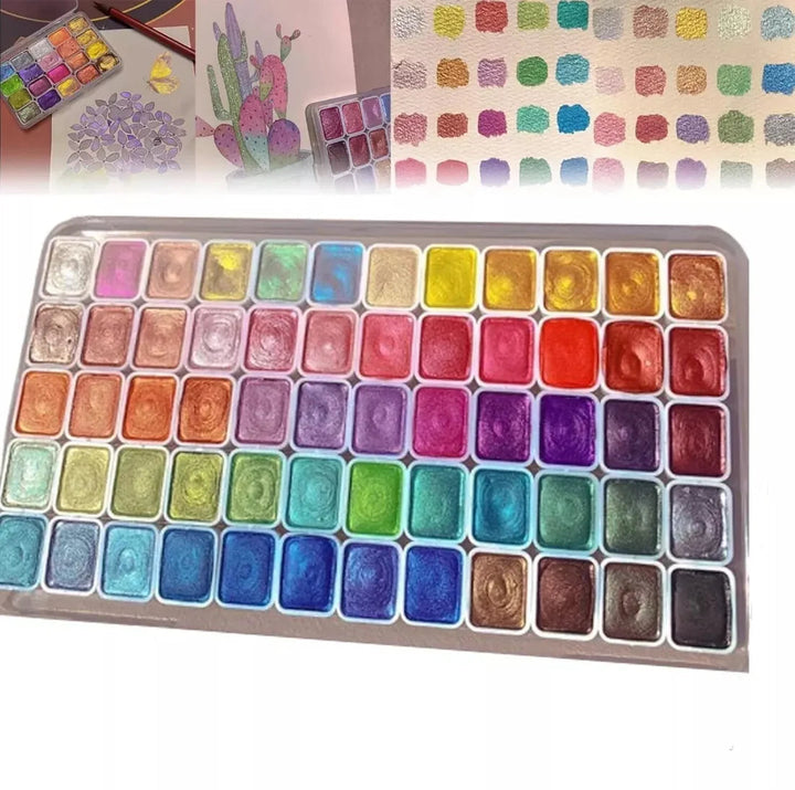 Another view of a large tray of sixty shimmer paint pans in five rows, with sample paintings and color swatch charts across the top.