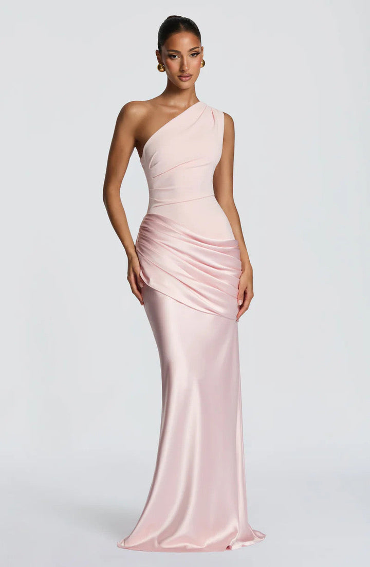 Sidonie One-Shoulder Draped Satin Maxi Dress in pale pink, another view showing the pleated bodice, ruched hip drape and skirt.