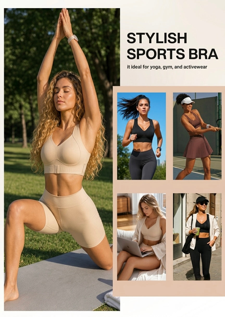 Collage of women wearing the bra for yoga, running, tennis, working on a laptop and walking outdoors.