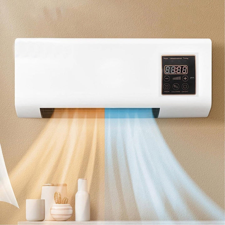 White ductless wall air conditioner front view with control panel and airflow detail.
