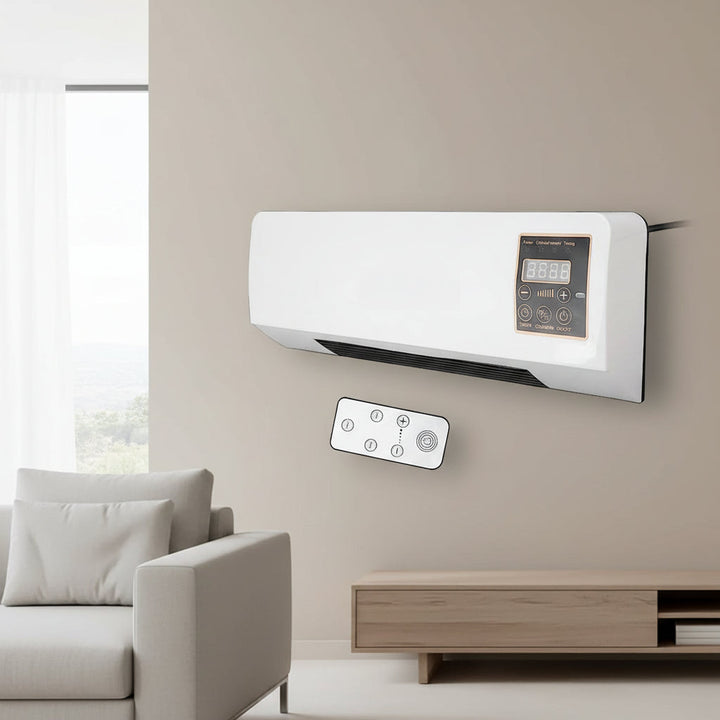 White wall air conditioner mounted above a sofa in a living room, another view with remote control.