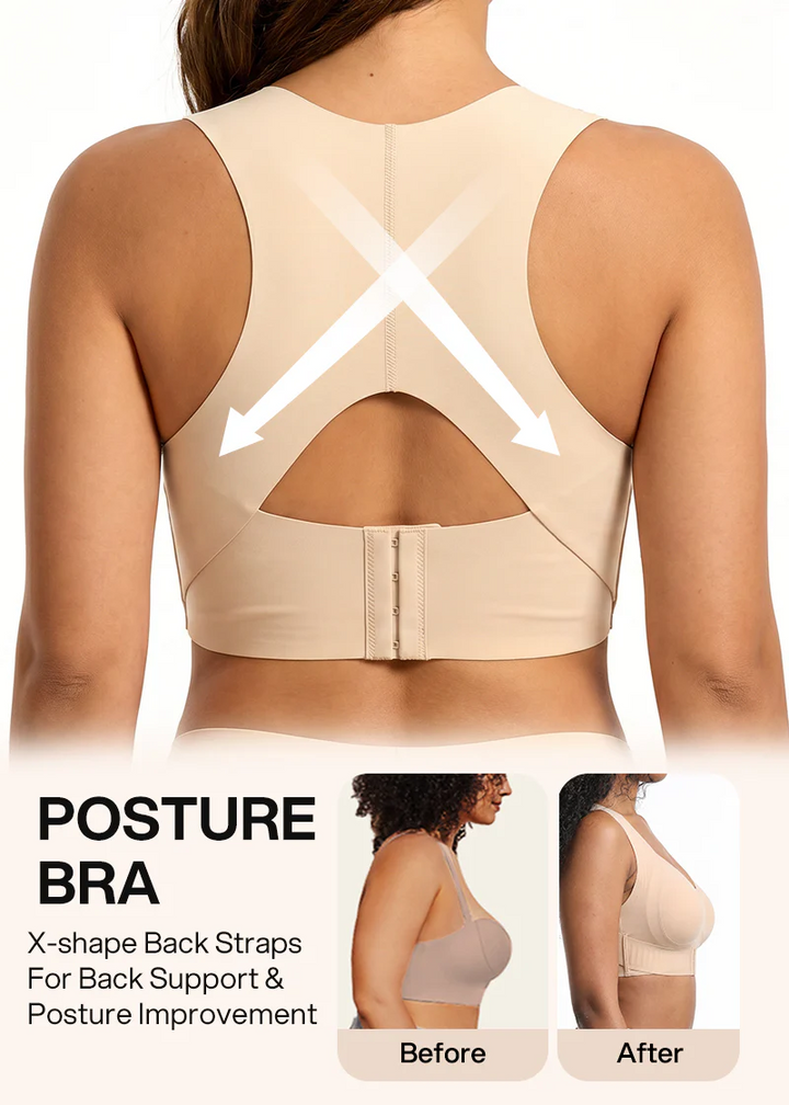 Back of the beige bra with white crossing arrows showing the X-shaped back straps, plus a before-and-after side view.