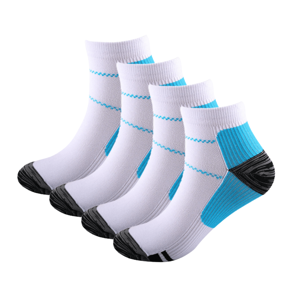 Four white ankle socks with blue accents and dark gray heels and toes, another view. 6