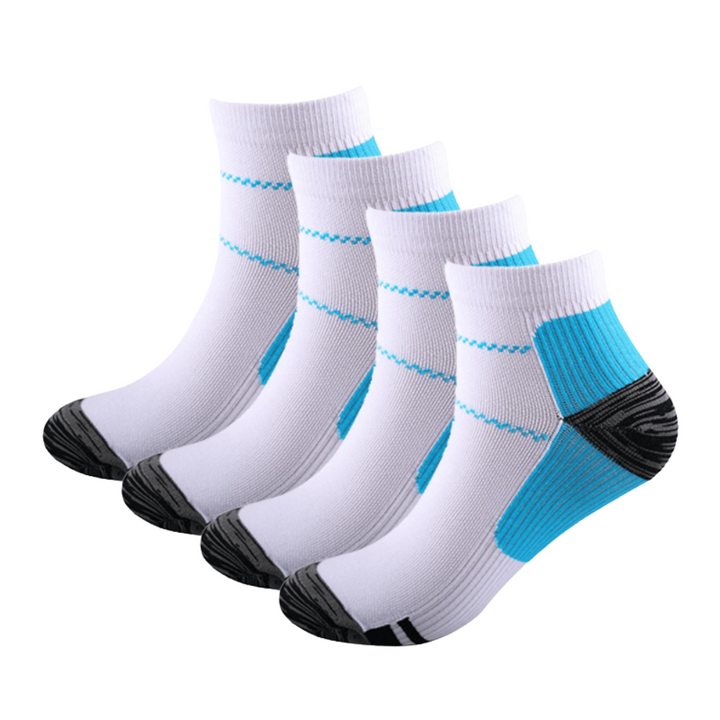Four white ankle socks with blue accents and dark gray heels and toes, another view. 6