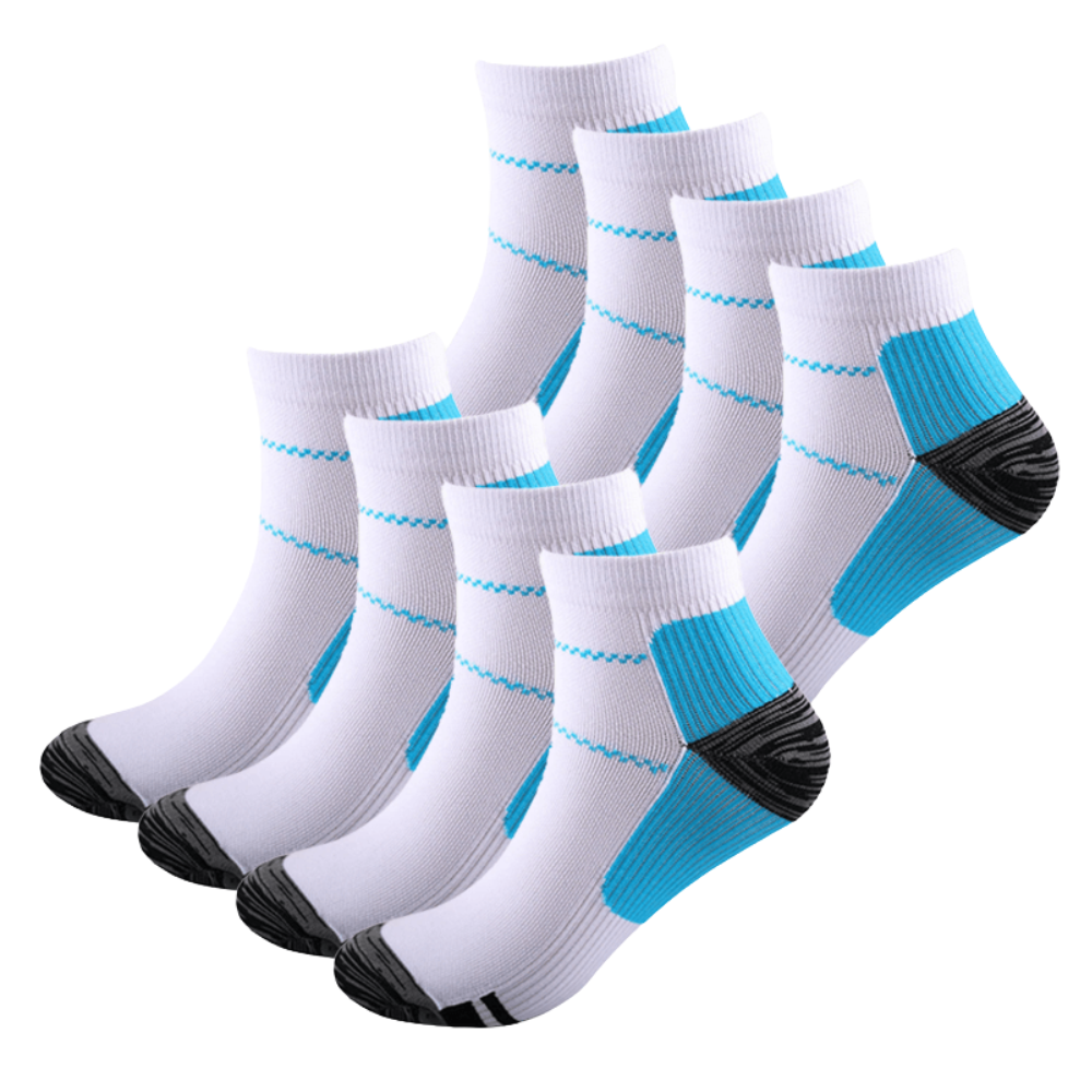 Eight white ankle socks with blue accents and dark gray heels and toes, another view. 7