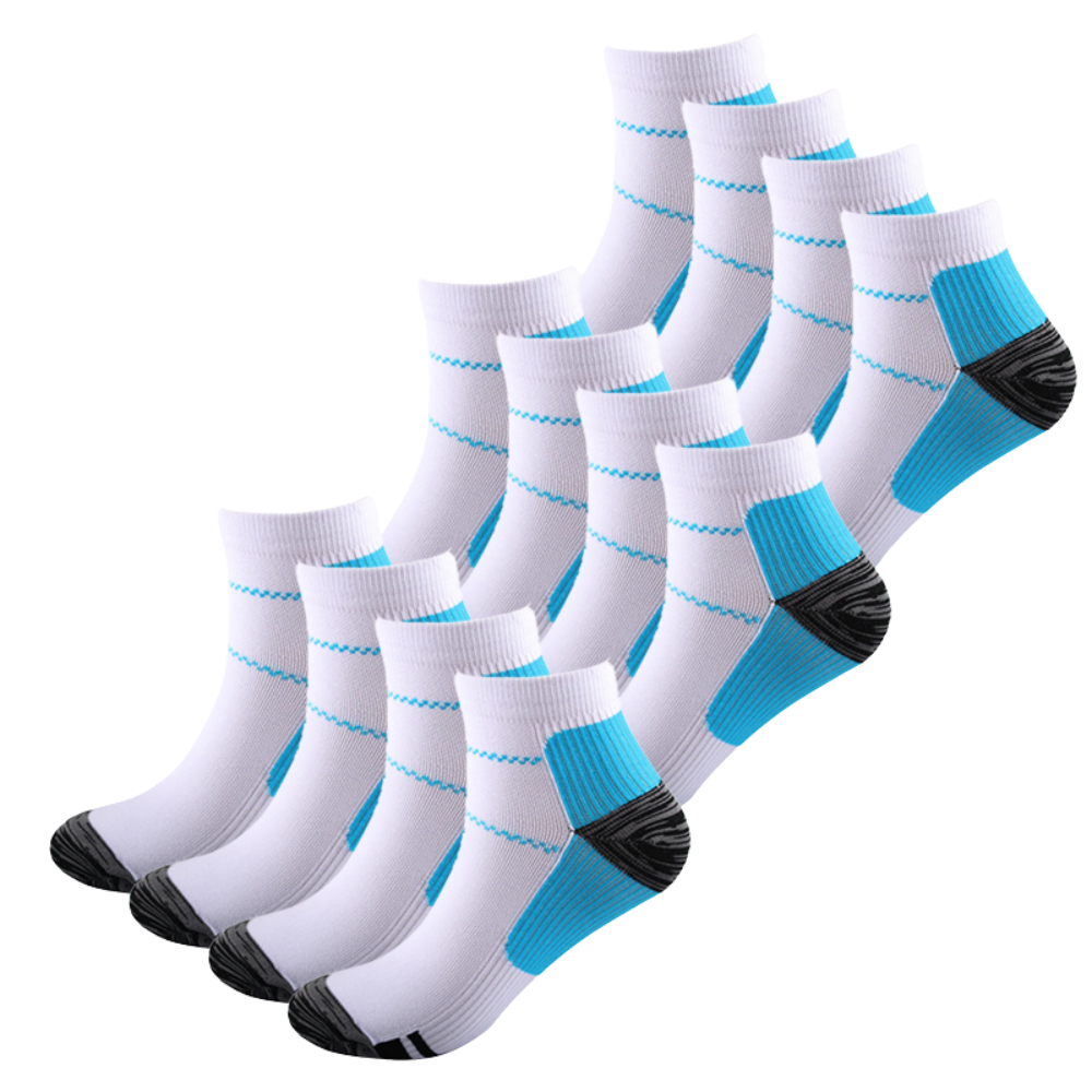 Twelve white ankle socks with blue accents and dark gray heels and toes, another view. 8
