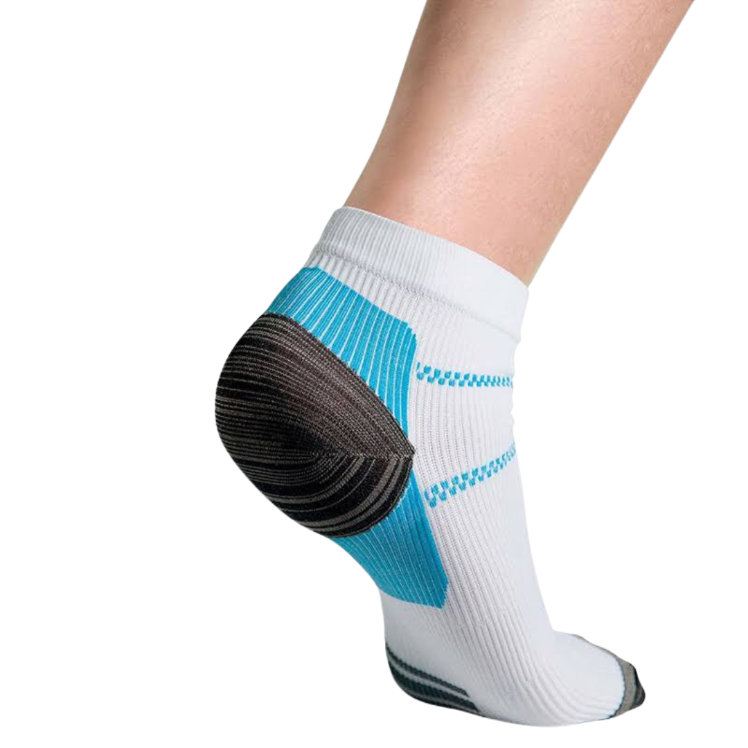 White ankle sock with a blue ribbed heel panel and dark gray heel cup on a leg, back view. 1