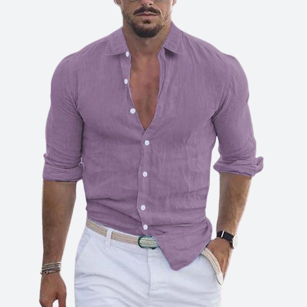 Men's linen shirt in soft lavender purple with an open collar and rolled sleeves.
