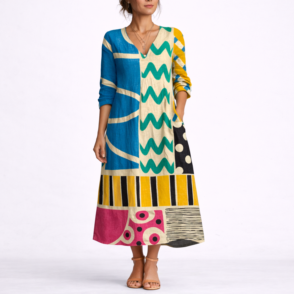 Abstract Geometric Long-Sleeved Dress - Lucille