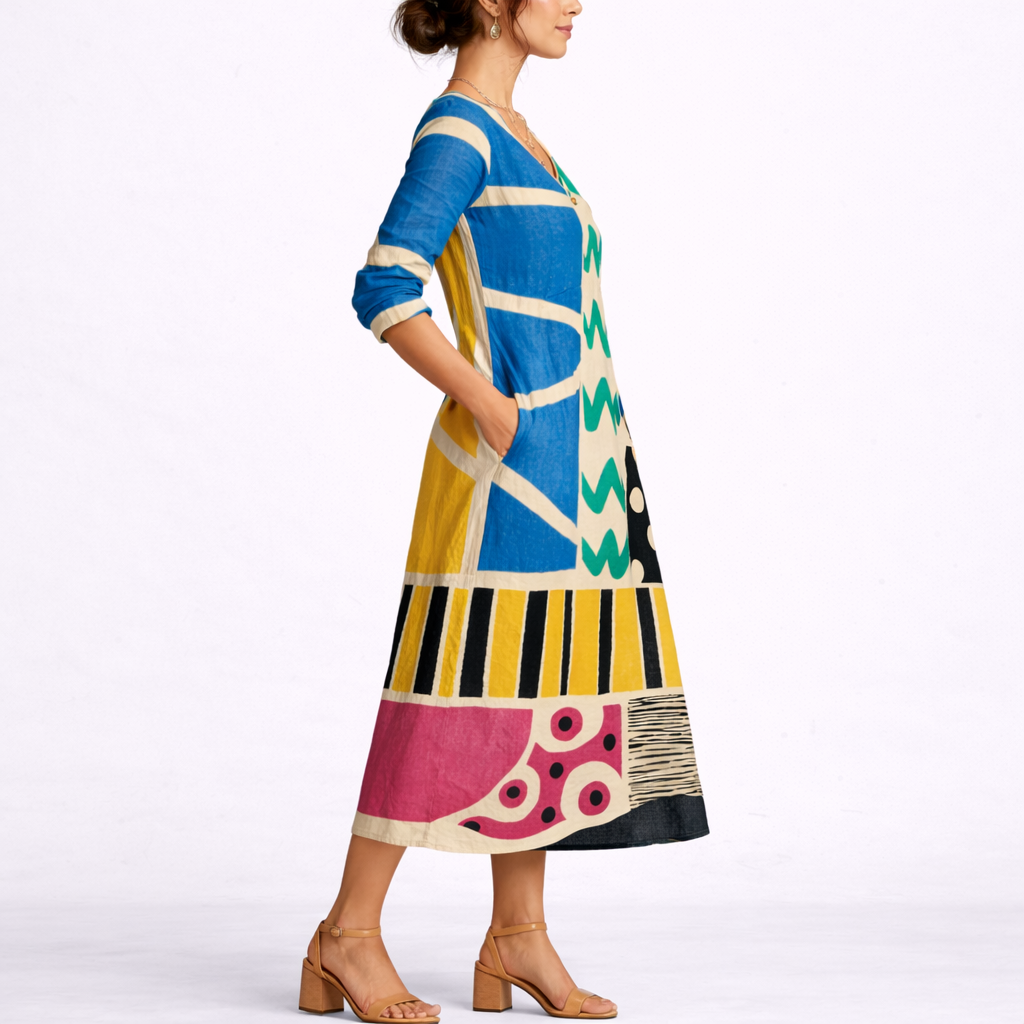 Abstract Geometric Long-Sleeved Dress - Lucille