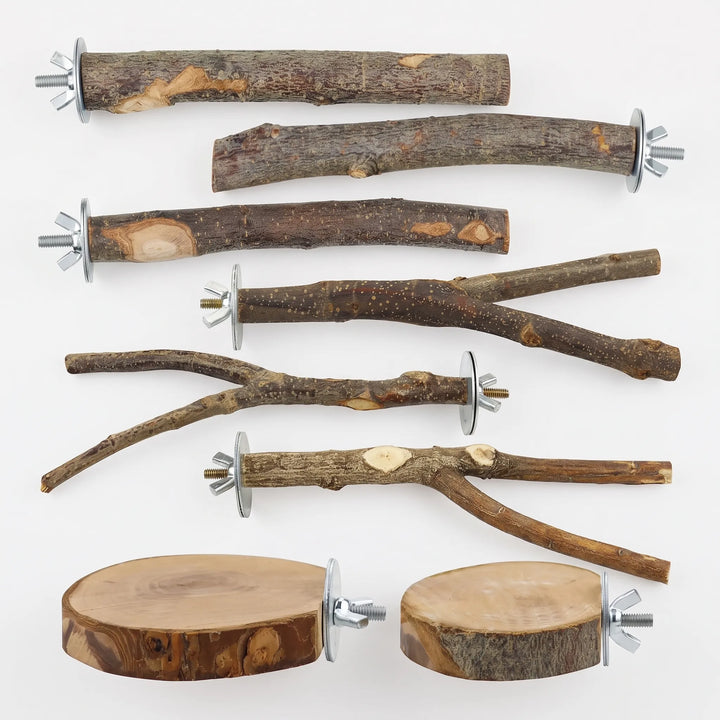 Flat lay of all eight natural wood perches: straight and forked branches plus two round platforms, each with a metal washer and wing nut. 1