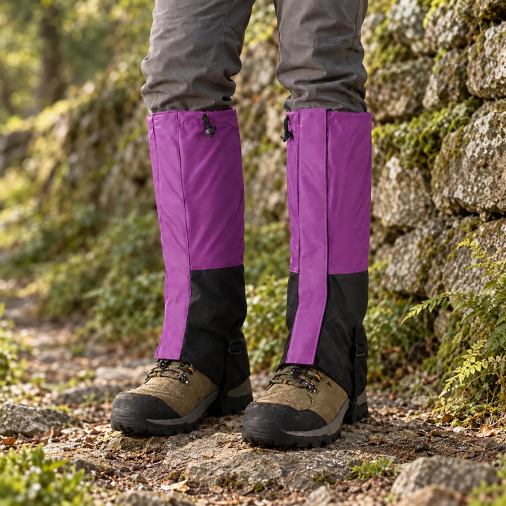 Purple and black gaiters worn over hiking boots on a rocky forest trail beside a mossy stone wall. 1