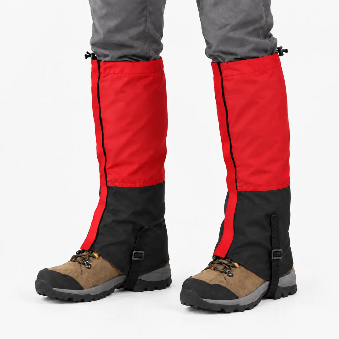 Red and black gaiters worn over hiking boots on a white background, showing the seam closure and boot straps. 11