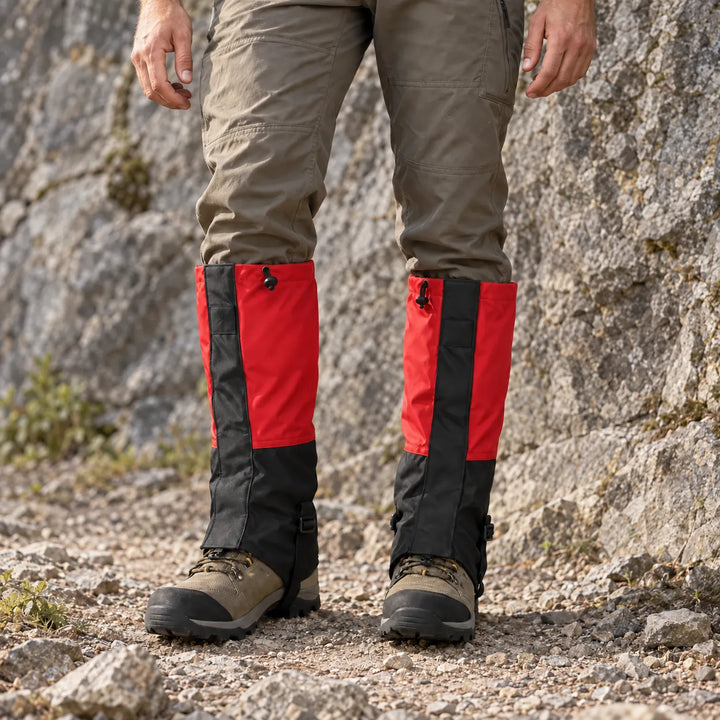 Red and black gaiters worn with olive hiking pants and boots against a rugged rock face. 3