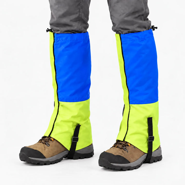 Blue and lime green gaiters worn over hiking boots, front view showing the drawcord tops and straps under the boots. 9