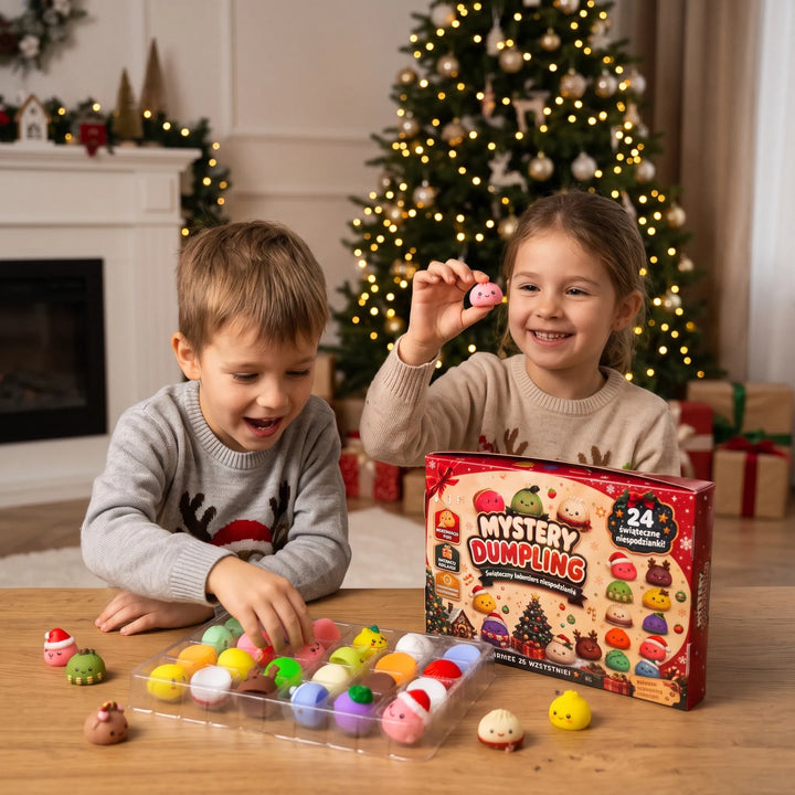 Two smiling children by a lit Christmas tree open the calendar's tray of colorful squishy dumpling toys 1