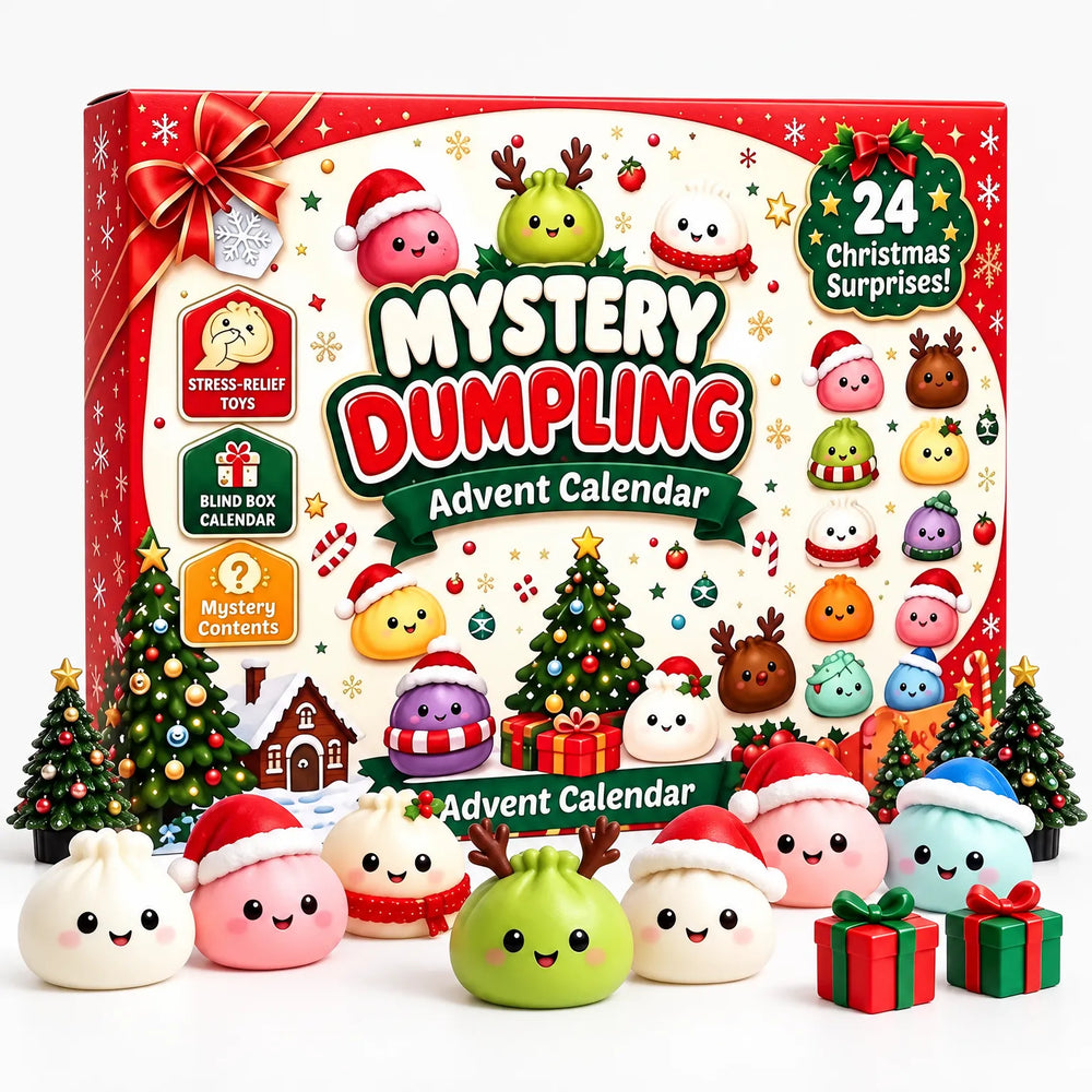 Red festive calendar box with cartoon dumpling characters, shown with Santa-hatted squishy toys, mini trees and gift boxes in 2