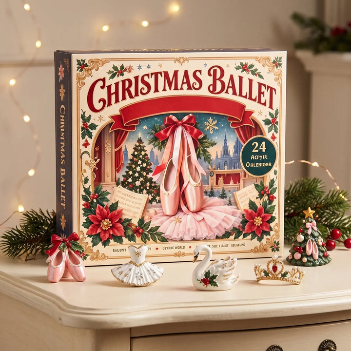 Ballet-themed advent calendar box on a dresser with small figurines of slippers, tutu, swan and tiara in front 1