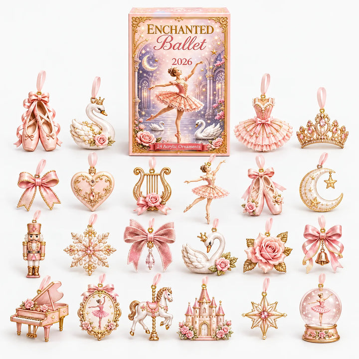 Pink and gold ballet advent box above all 24 ornaments, including slippers, swans, a nutcracker and a snow globe 2