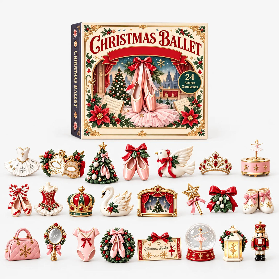 Red, green and cream ballet advent box above 24 ornaments, including a nutcracker, a music box and a wreath 4