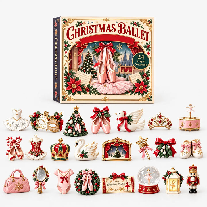 Red, green and cream ballet advent box above 24 ornaments, including a nutcracker, a music box and a wreath 4