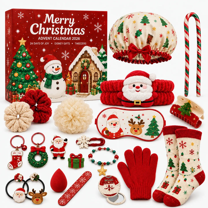 Flat lay of the red holiday box with all its contents: shower cap, socks, gloves, scrunchies, charms 2