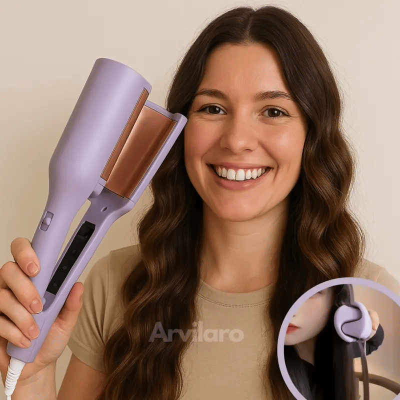 Purple ionic ceramic wave curling iron held by a smiling woman with long wavy brown hair