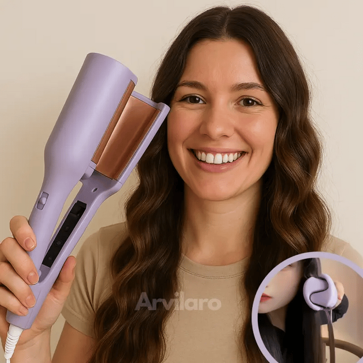 Purple ionic ceramic wave curling iron held by a smiling woman with long wavy brown hair