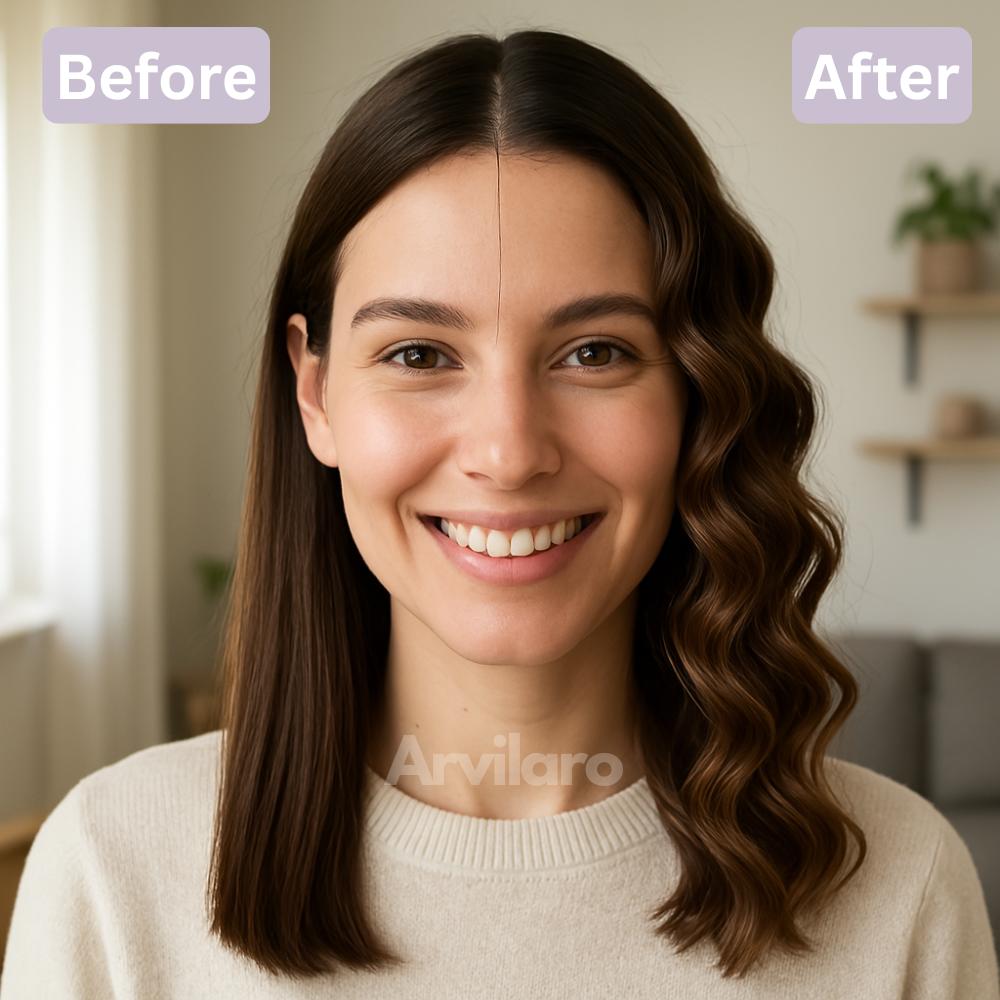 Before-and-after view of straight dark hair and loose S-shaped waves