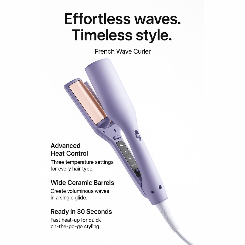 Purple French wave curler with rose-gold barrels on a white background