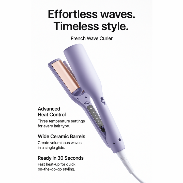 Purple French wave curler with rose-gold barrels on a white background