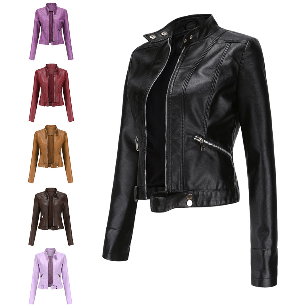 Large black jacket in three-quarter view beside a column of five smaller jackets in purple, red, tan, brown and lilac. 15
