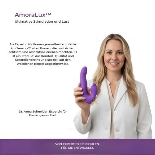 Smiling woman in a white lab coat holds the purple curved silicone massager in one hand, beside a recommendation text panel. 7