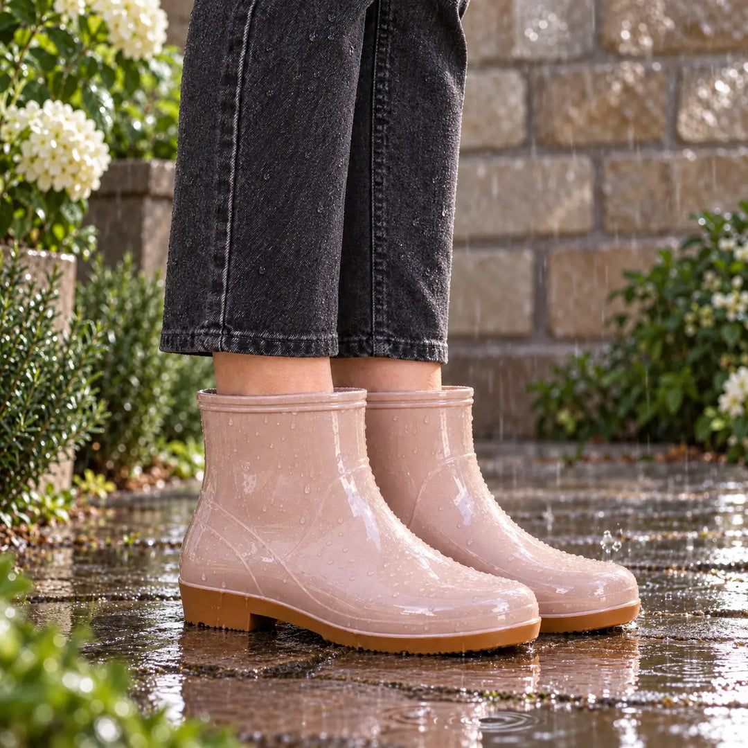 Person in dark gray jeans wears pale pink glossy ankle rain boots with tan soles, standing on wet paving in the rain. 1