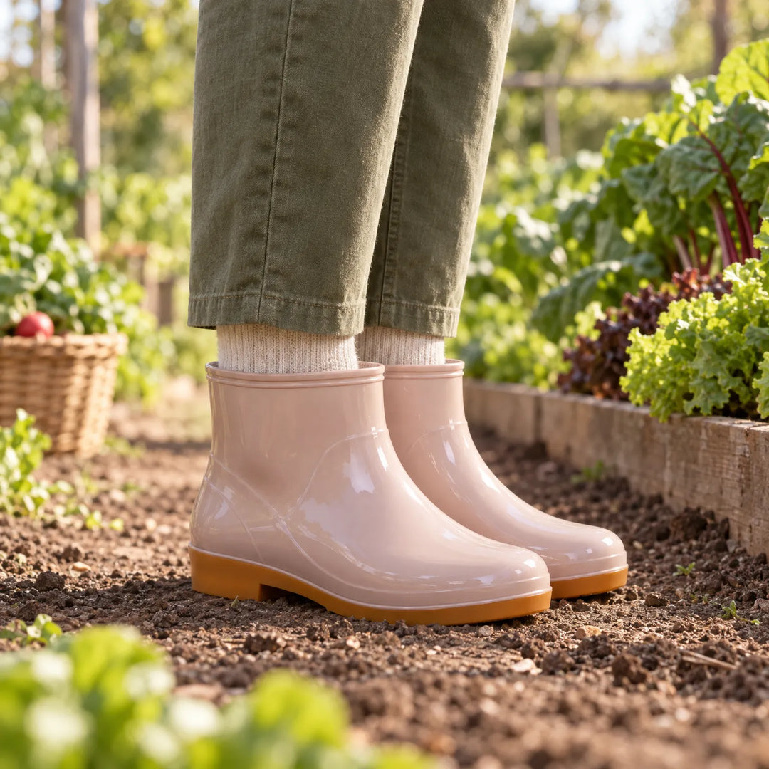 Pale pink glossy ankle boots with tan soles worn with olive pants and cream socks in a sunny vegetable garden. 3
