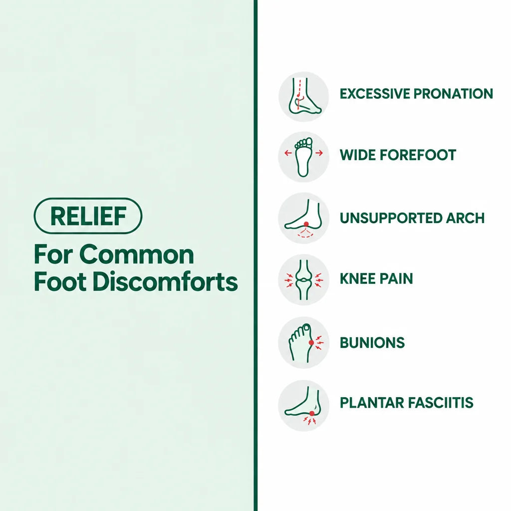 Infographic of common foot discomforts the shoes are meant to relieve, listed with icons beside each label.