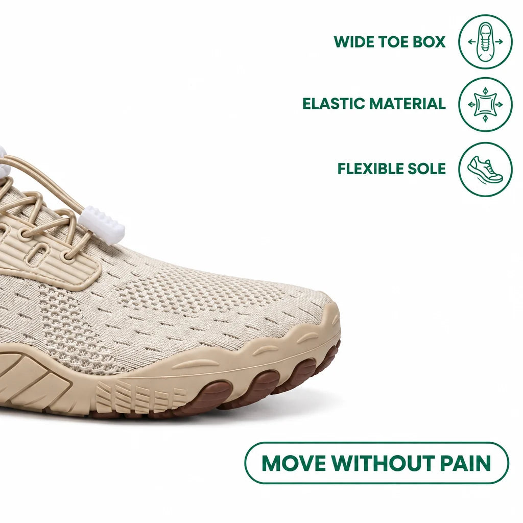 Close-up of the beige knit toe box with elastic laces, toggle and scalloped rubber sole, with feature icons beside it. 21